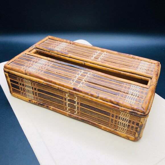60s Burnt Tortoiseshell Bamboo Tissue Box Cover Midcentury Tiki Boho Bathroom - Picture 2 of 10